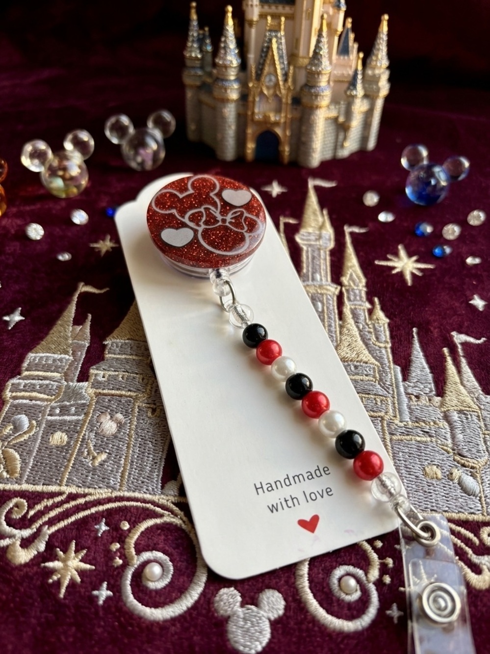 Red Glitter Mickey and Minnie Badge Reel with Beaded Charm
